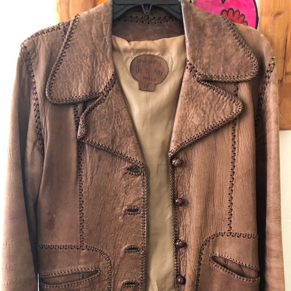 Vintage Jo O Kay brown leather whipstitch jacket